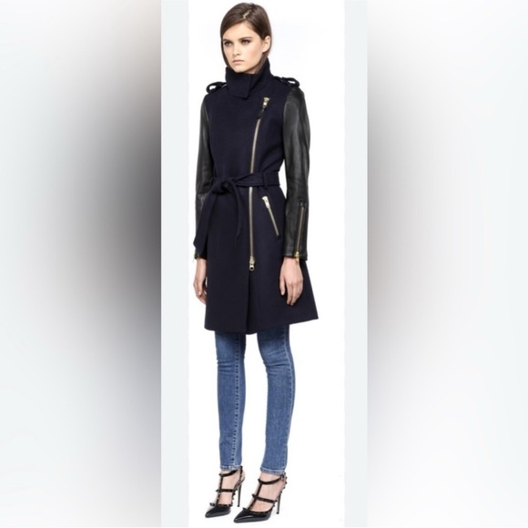 Mackage Dale Black Trench Coat with Leather Sleeves - Picture 3 of 16